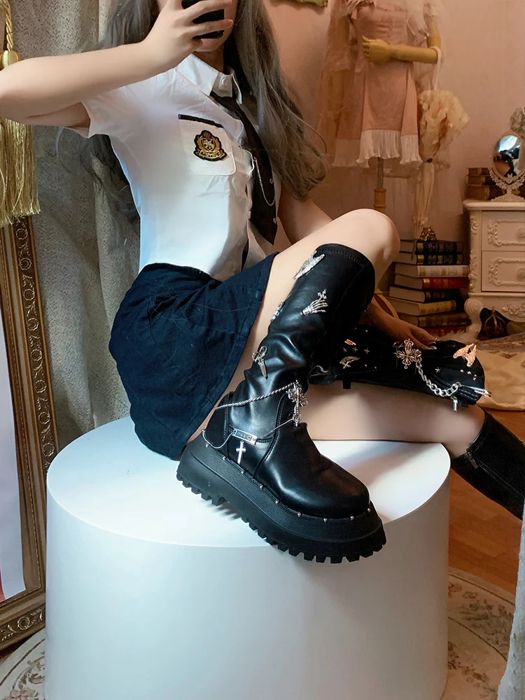 Pinky Tassel Chain Dark Academia Autumn Winter Round Toe Black Boots Shoes - Image 4