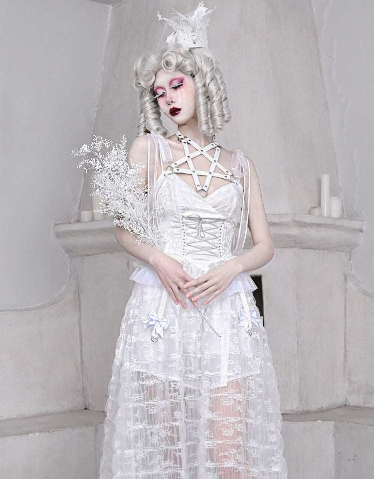 Blood Supply The White Doll Goth Jacquard Lace Bow Pentagram Strap Dress