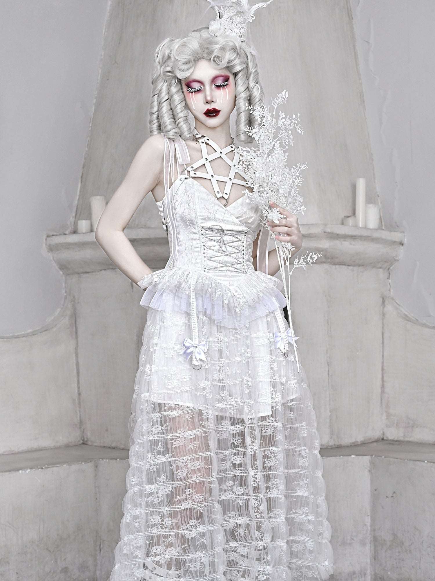 Blood Supply The White Doll Goth Jacquard Lace Bow Pentagram Strap Dress - Image 10