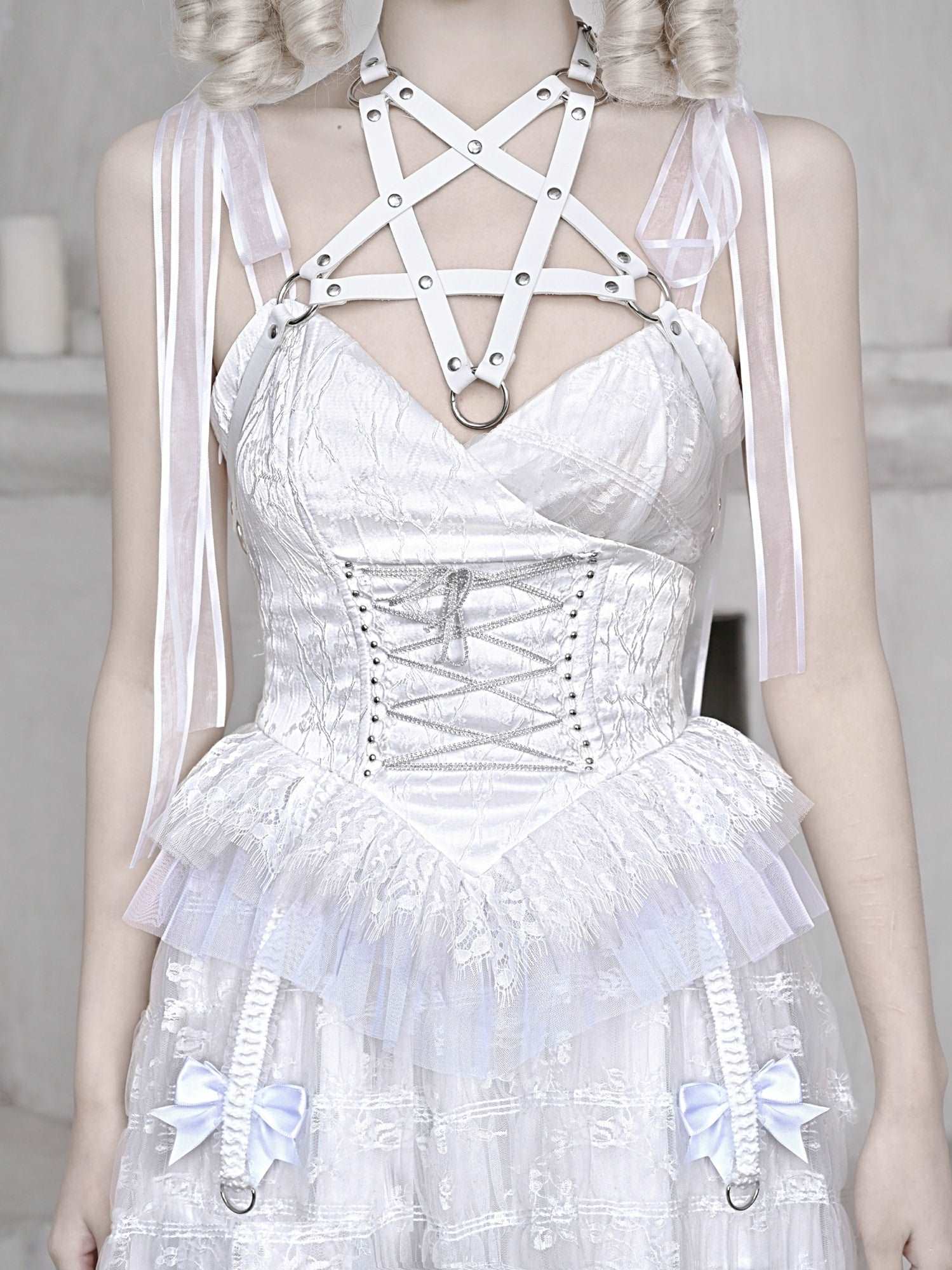 Blood Supply The White Doll Goth Jacquard Lace Bow Pentagram Strap Dress - Image 2