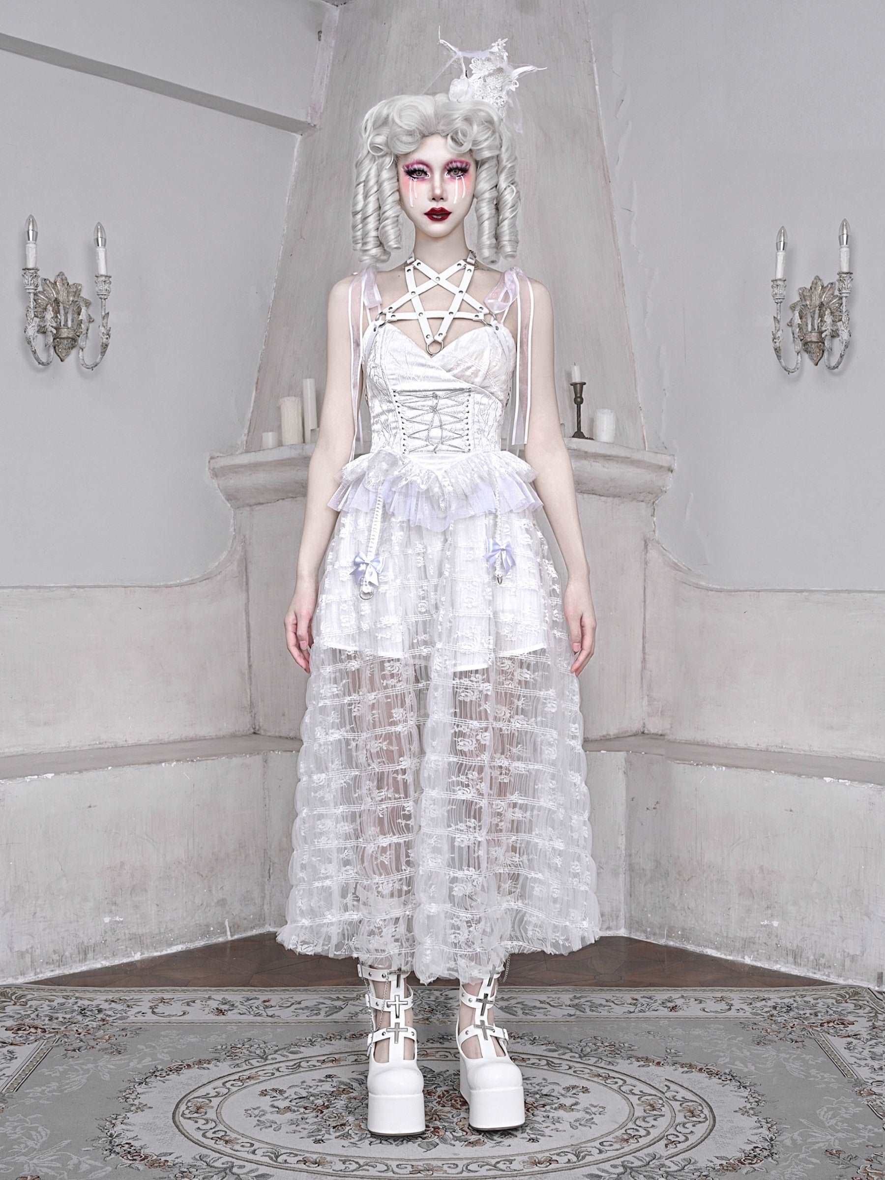 Blood Supply The White Doll Goth Jacquard Lace Bow Pentagram Strap Dress - Image 3