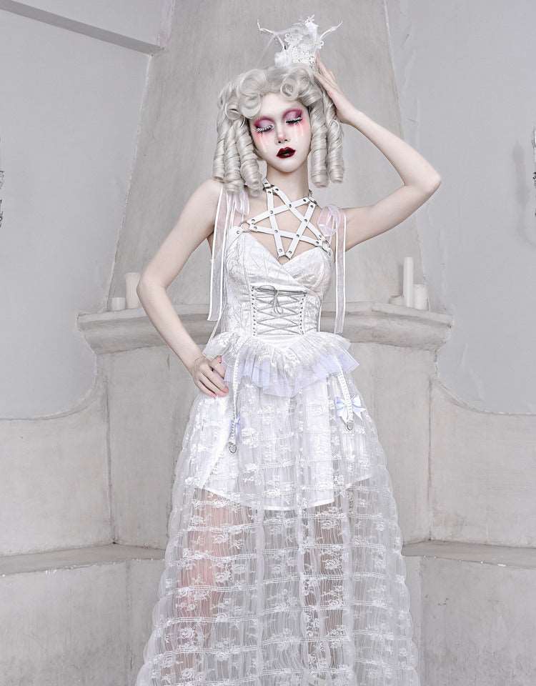 Blood Supply The White Doll Goth Jacquard Lace Bow Pentagram Strap Dress - Image 4