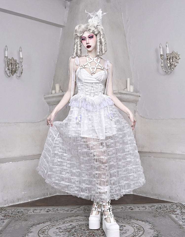 Blood Supply The White Doll Goth Jacquard Lace Bow Pentagram Strap Dress - Image 5