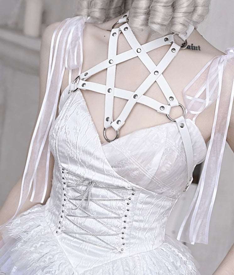 Blood Supply The White Doll Goth Jacquard Lace Bow Pentagram Strap Dress - Image 6