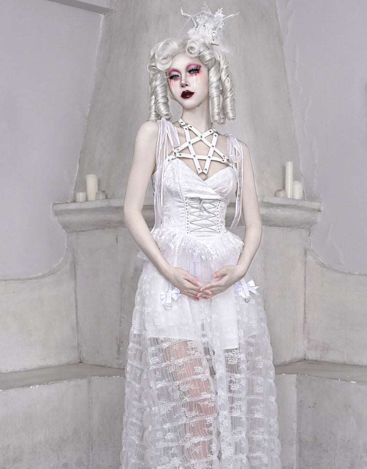 Blood Supply The White Doll Goth Jacquard Lace Bow Pentagram Strap Dress - Image 7