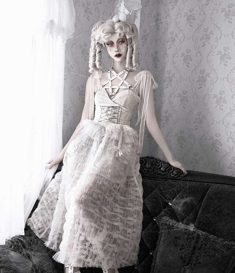 Blood Supply The White Doll Goth Jacquard Lace Bow Pentagram Strap Dress - Image 8