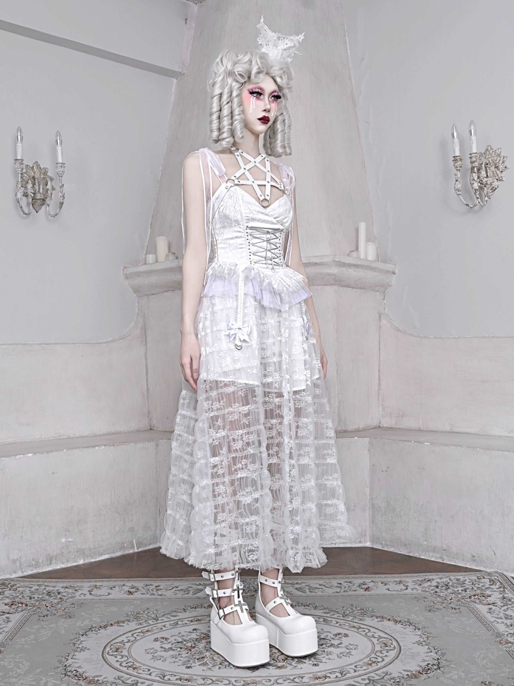 Blood Supply The White Doll Goth Jacquard Lace Bow Pentagram Strap Dress - Image 9