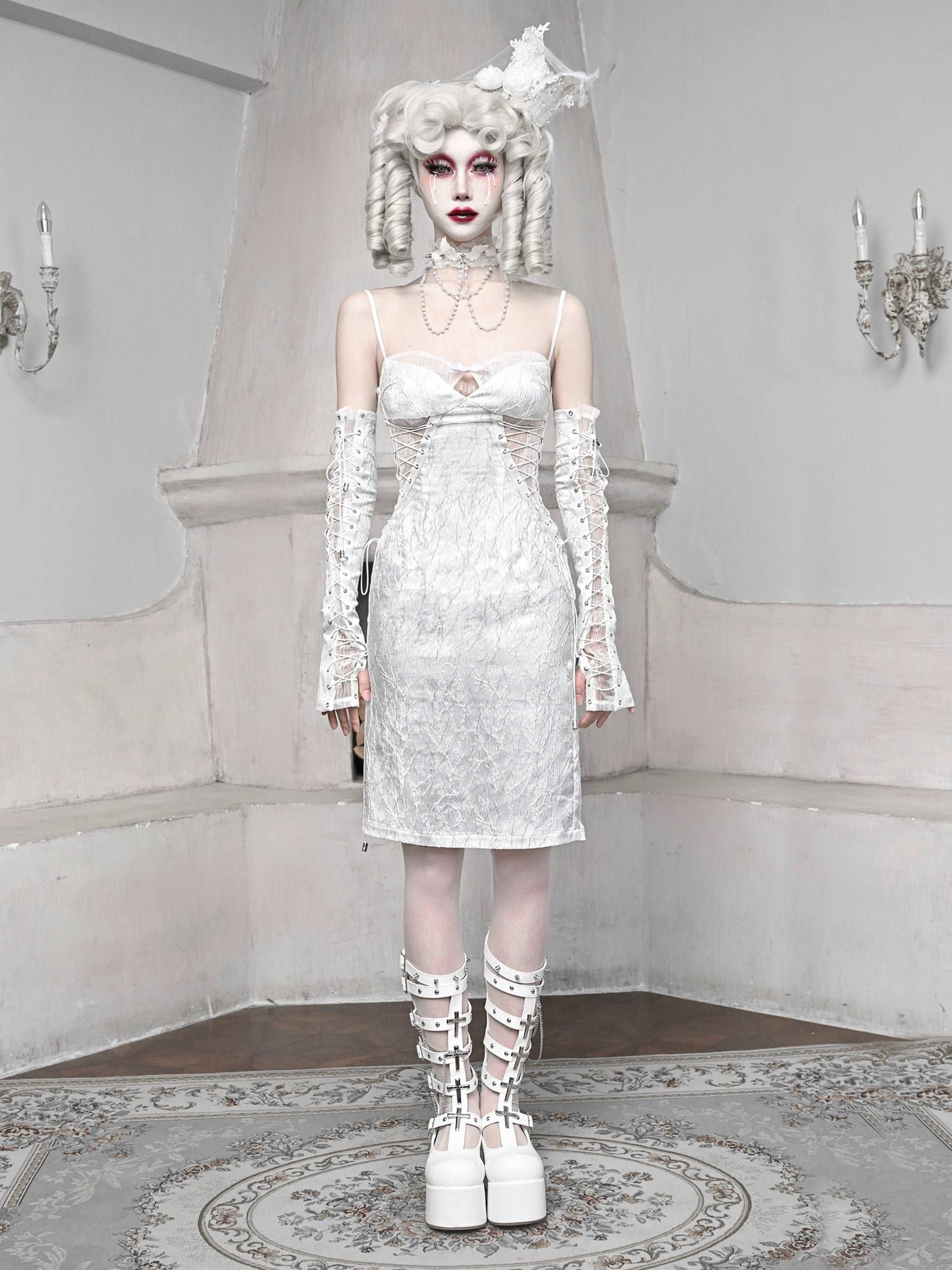 Blood Supply The White Doll Goth Jacquard Lace Fitted Dress - Image 6