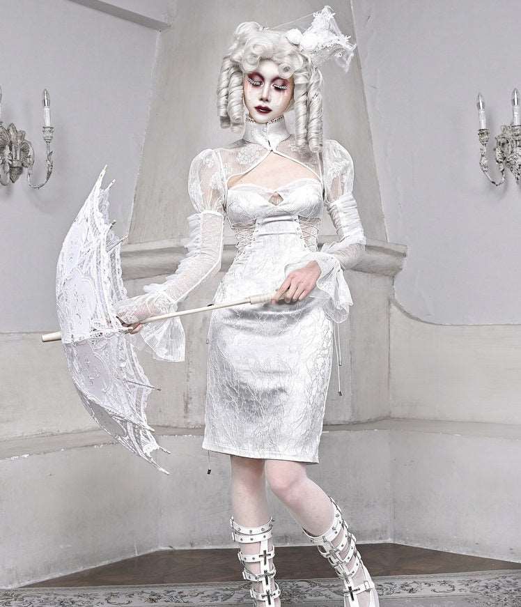 Blood Supply The White Doll Goth Jacquard Lace Fitted Dress - Image 9
