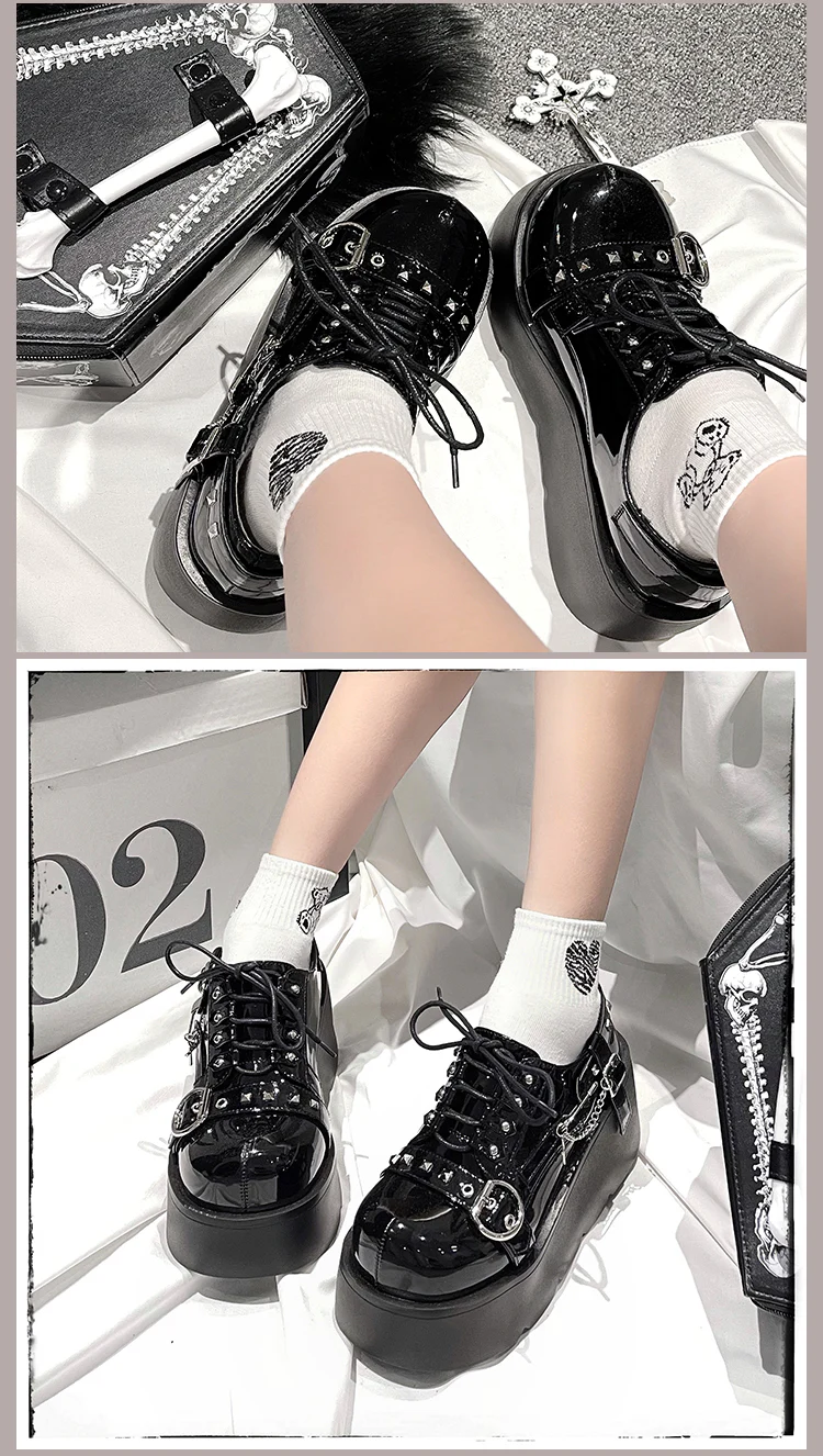 Transfer Student Punk Rock Gothic Black & White Platform Wedges Shoes - Image 8