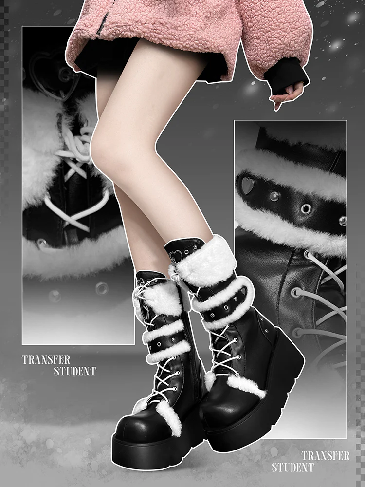 Transfer Student Snow Velvet Pastoral Pink Black White Tall Boots Shoes - Image 4