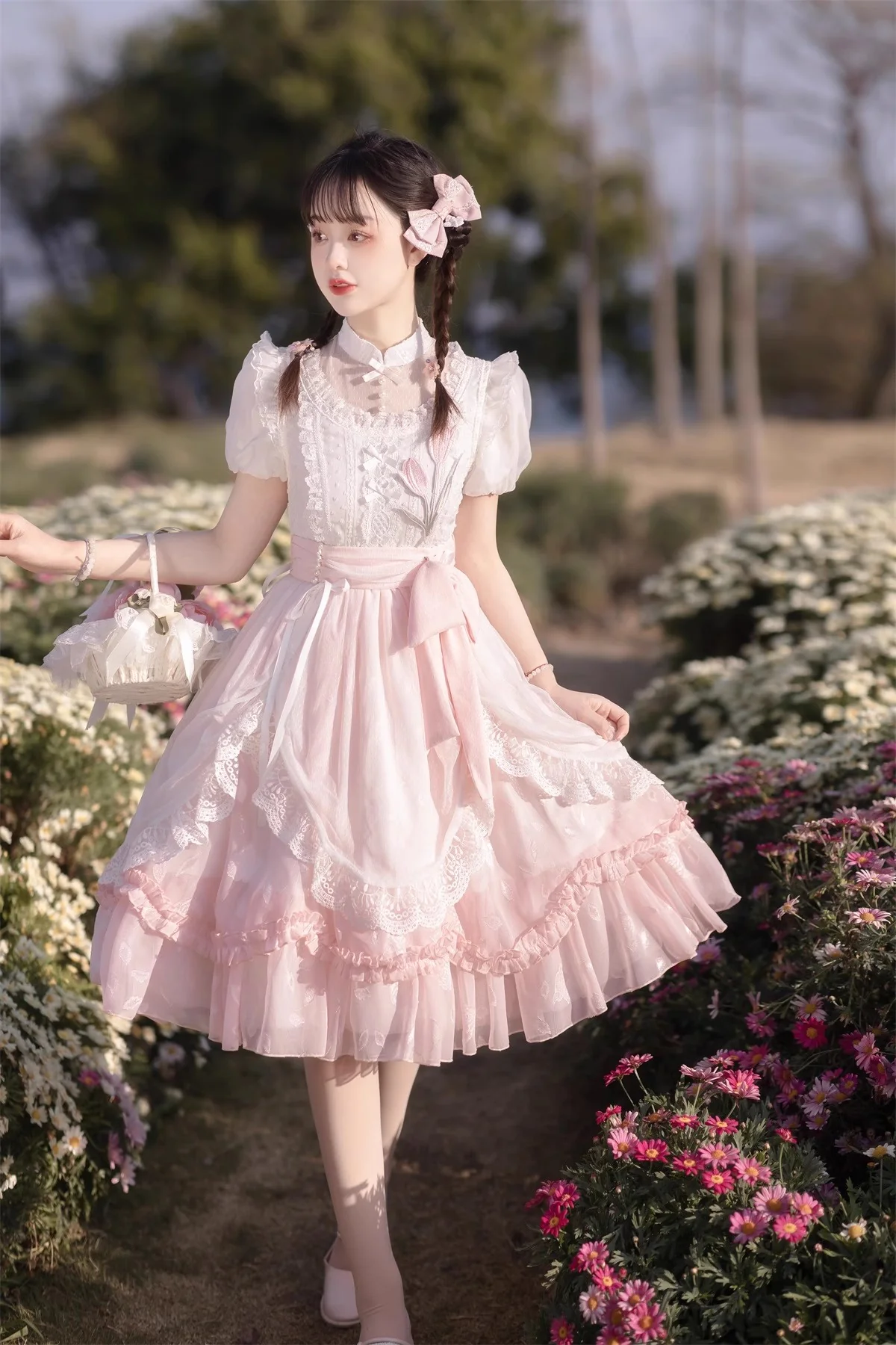 Tulip Princess Floral Flower Fairy Pink White Lace Bow Dollcore Puff Sleeve Dress - Image 10