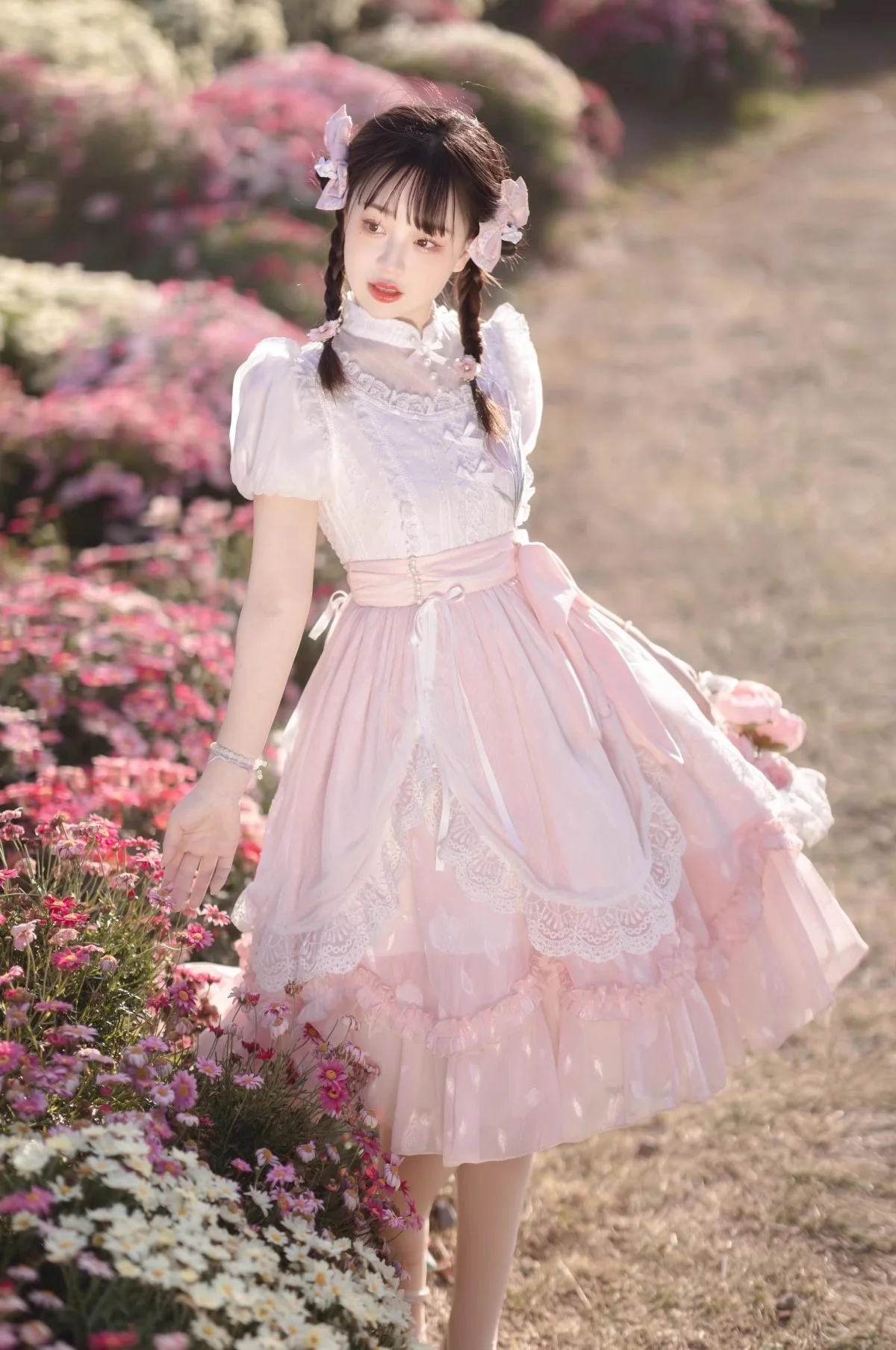 Tulip Princess Floral Flower Fairy Pink White Lace Bow Dollcore Puff Sleeve Dress - Image 3