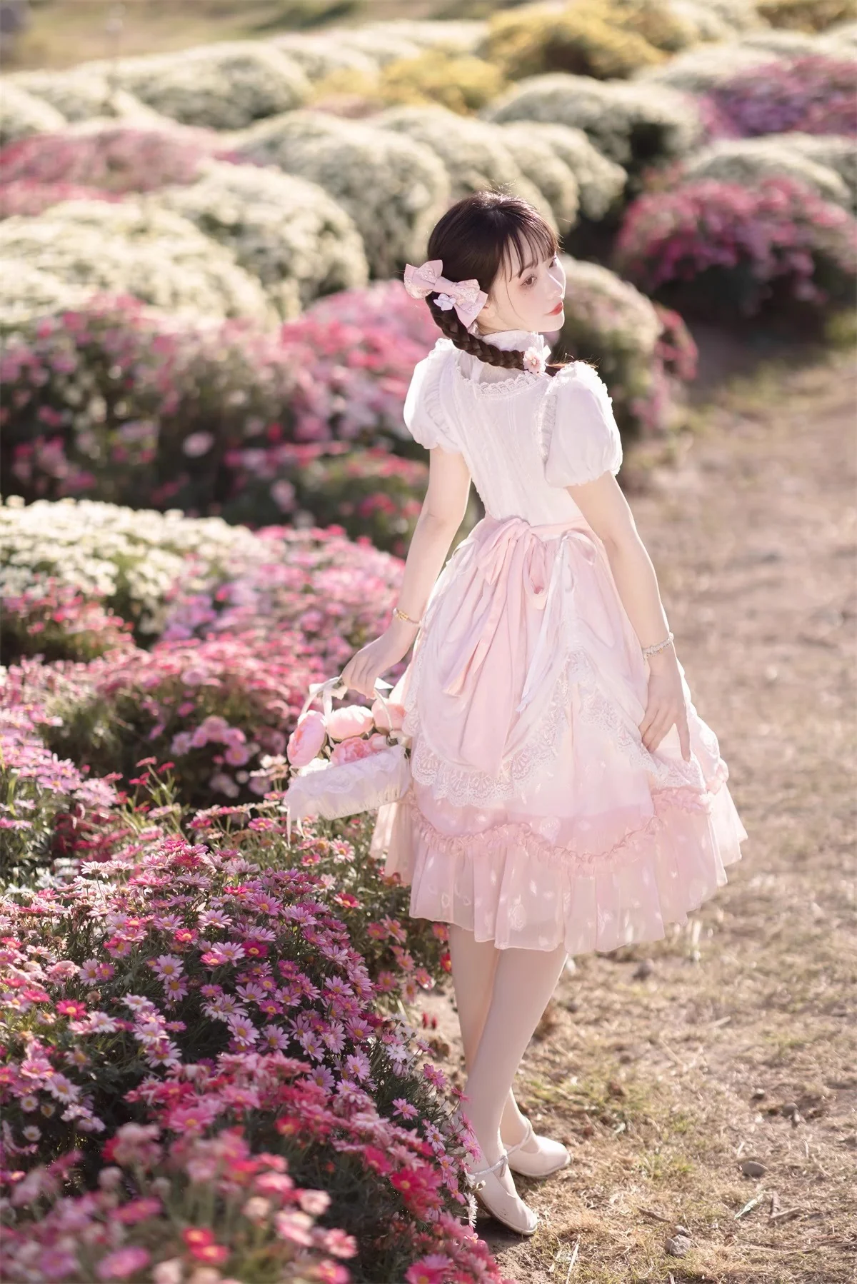 Tulip Princess Floral Flower Fairy Pink White Lace Bow Dollcore Puff Sleeve Dress - Image 6