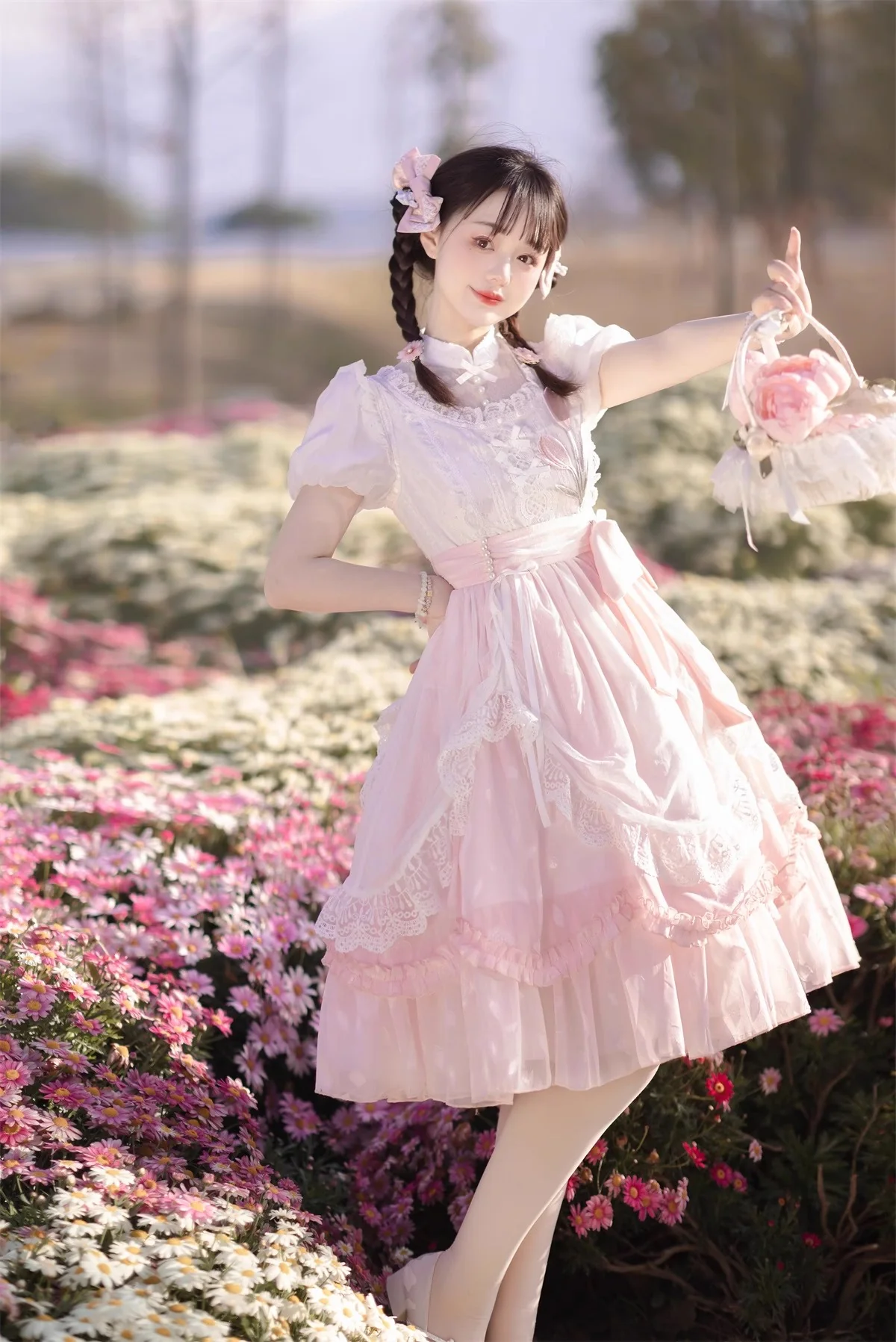 Tulip Princess Floral Flower Fairy Pink White Lace Bow Dollcore Puff Sleeve Dress - Image 7