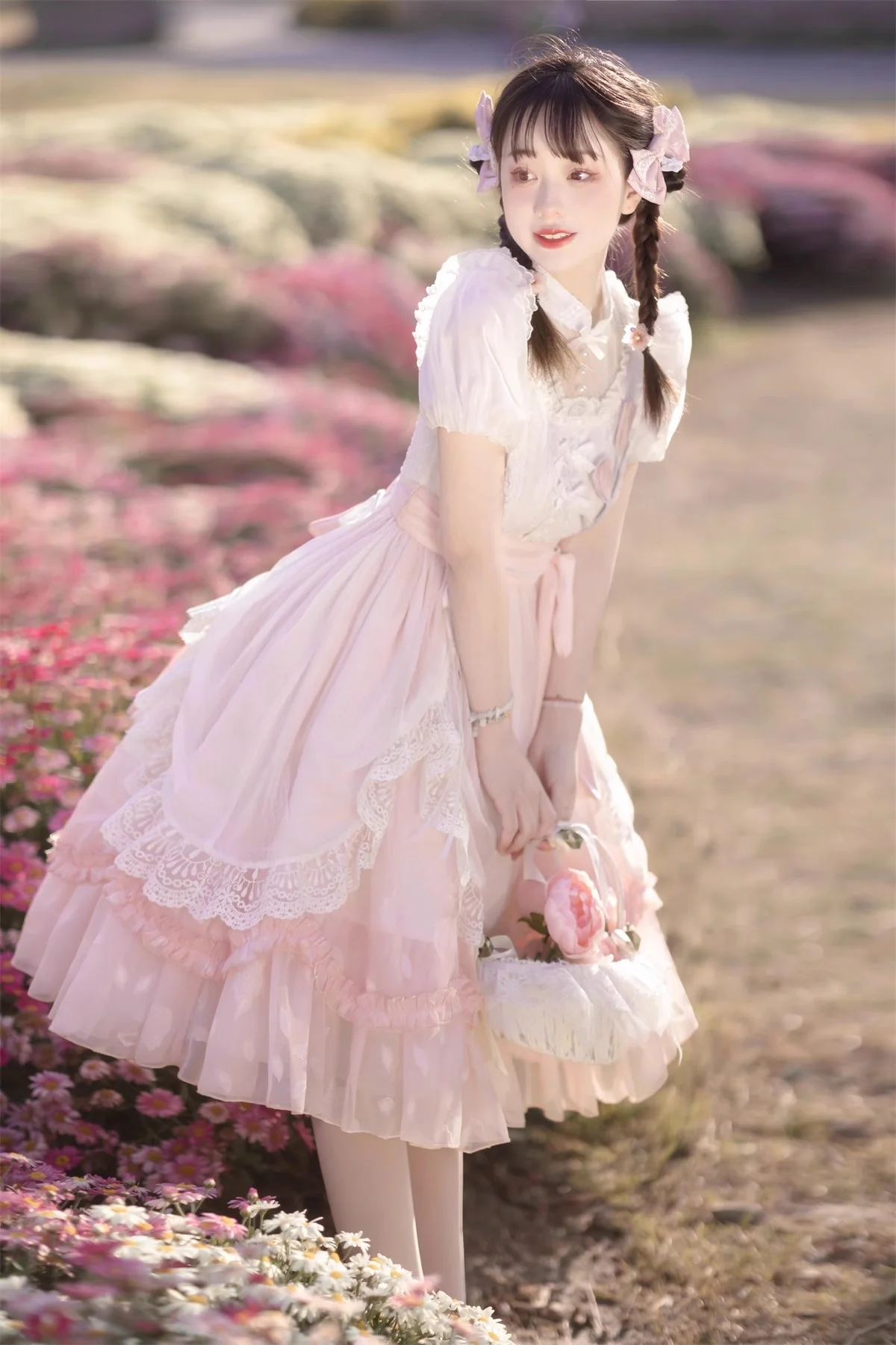 Tulip Princess Floral Flower Fairy Pink White Lace Bow Dollcore Puff Sleeve Dress - Image 8