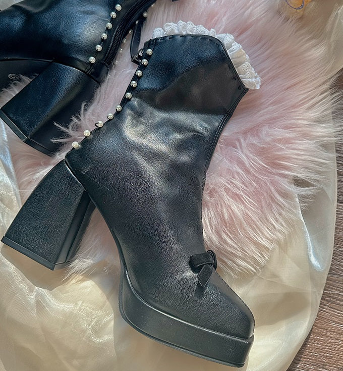 Pinky Victorian Style EGL Black White Bow Lace High Heels Boots Shoes - Image 10