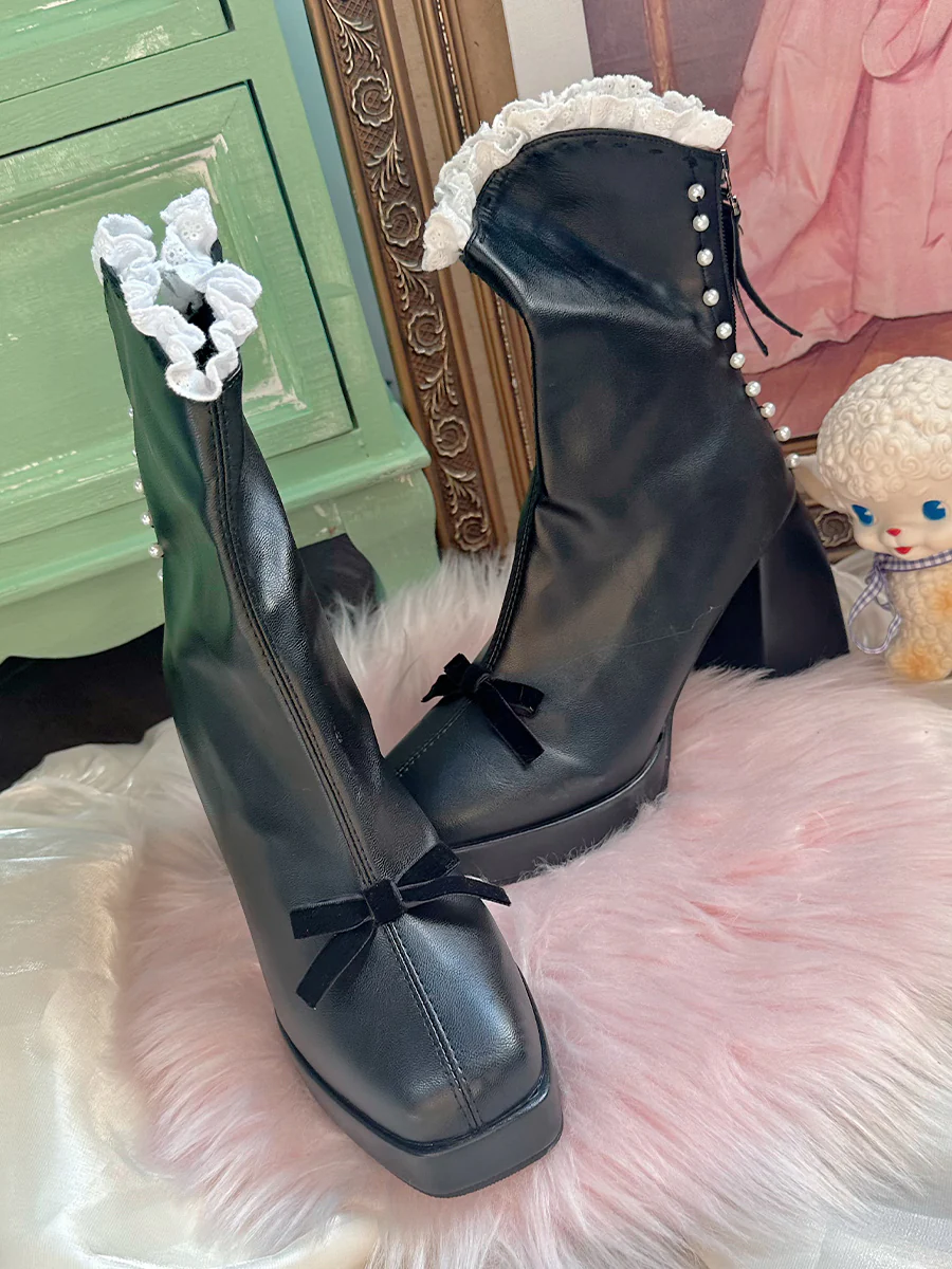 Pinky Victorian Style EGL Black White Bow Lace High Heels Boots Shoes - Image 7