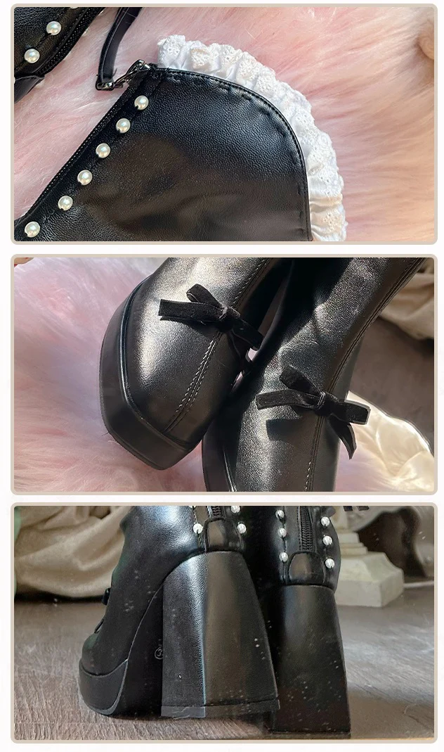 Pinky Victorian Style EGL Black White Bow Lace High Heels Boots Shoes - Image 8