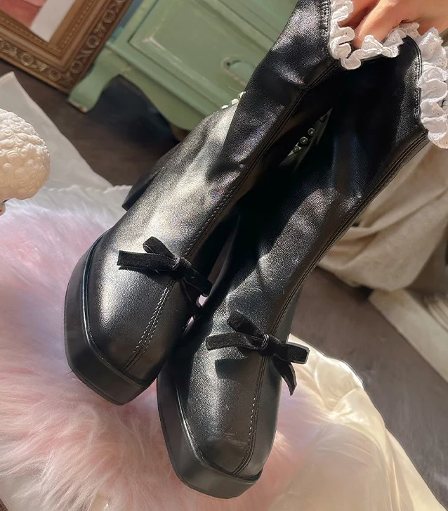 Pinky Victorian Style EGL Black White Bow Lace High Heels Boots Shoes - Image 9