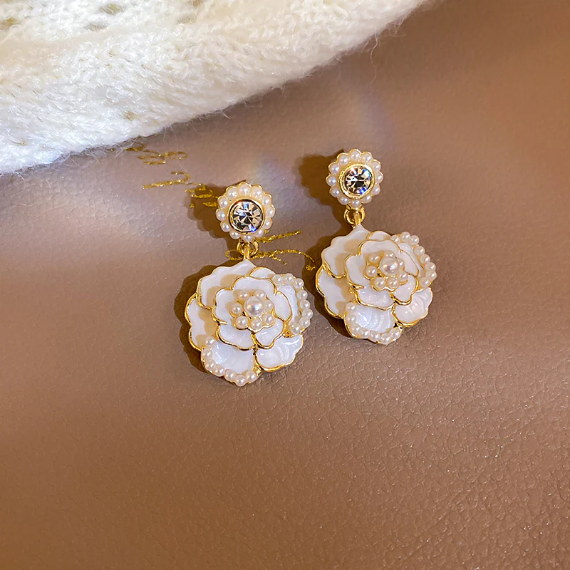 White Black Rose Camellia Flower Earrings - Image 4