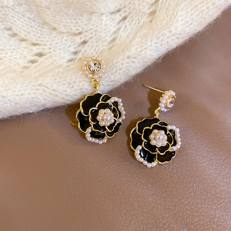 White Black Rose Camellia Flower Earrings - Image 5