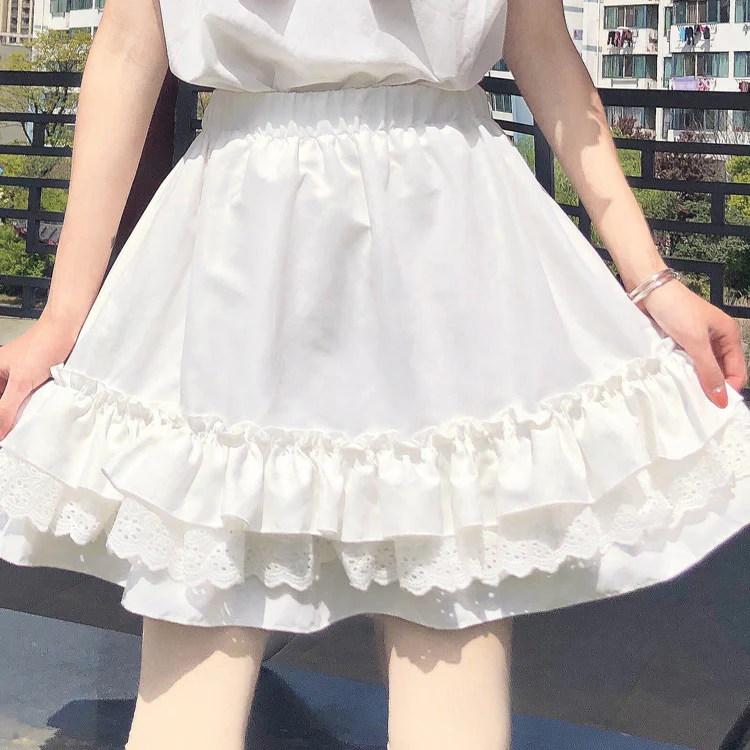 White & Black Tulle Layered Lace Elastic Gathered Waist Mini Skirt - Image 10