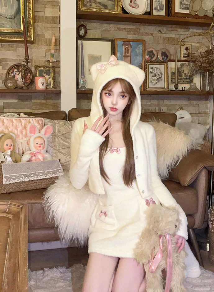White Mink Lounge Set Jacket Dress Two Piece Set