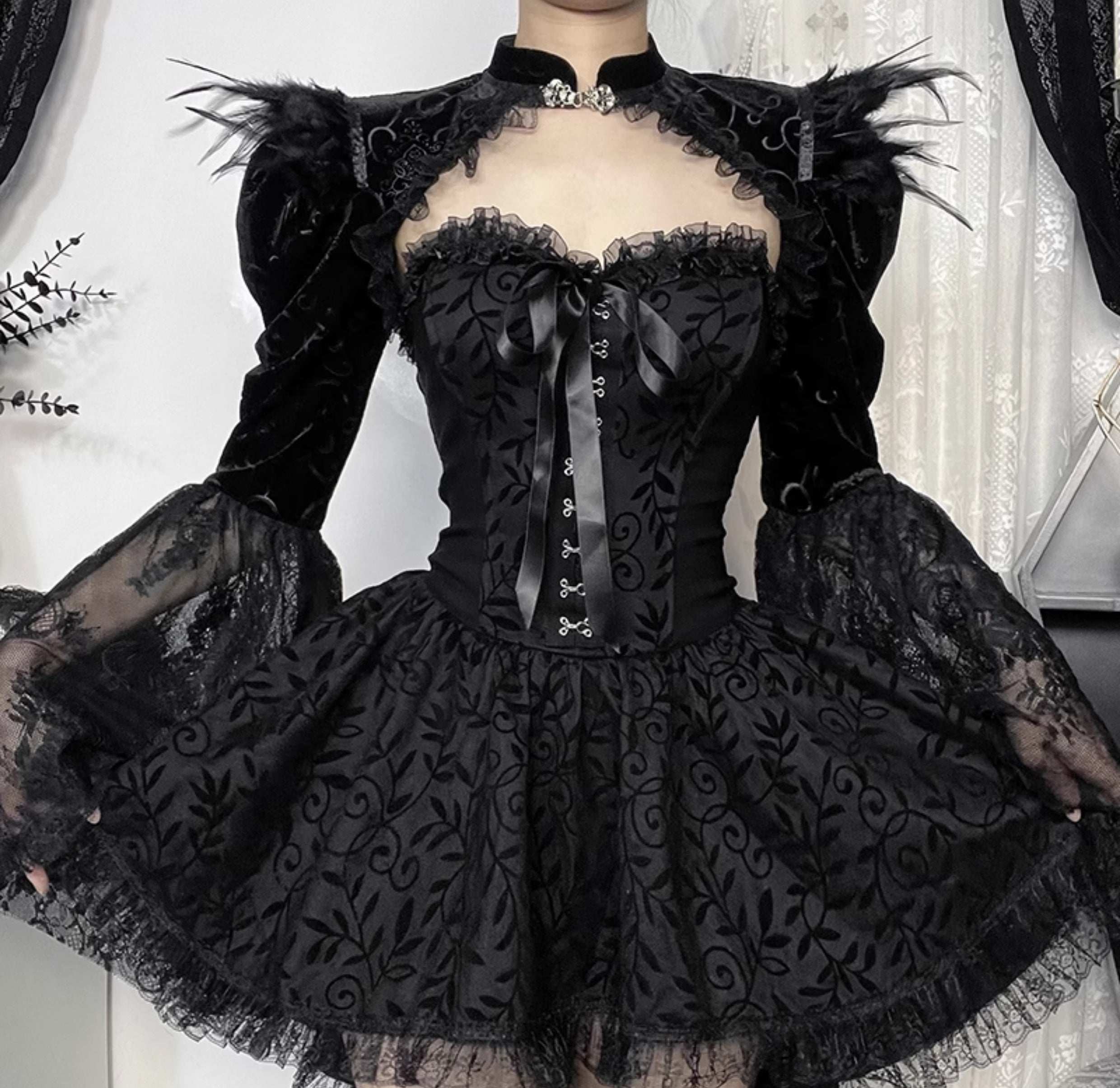 Winged Devil Queen Halloween Black Dress & Shrug Two Piece Set