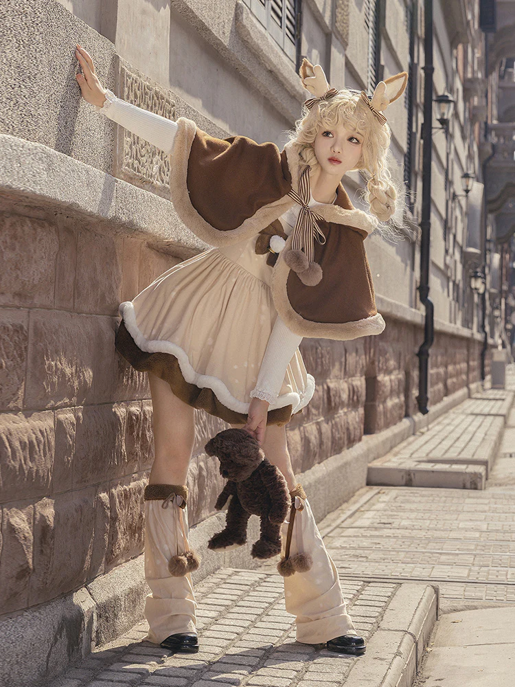 Universal Lolita Winter Deer Velvet Brown Cute Hooded Cape Cloak Strap Dress Leg Warmers Three Piece Set - Image 2