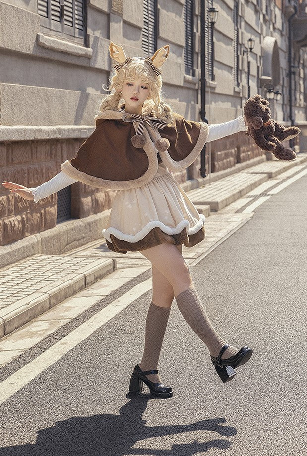 Universal Lolita Winter Deer Velvet Brown Cute Hooded Cape Cloak Strap Dress Leg Warmers Three Piece Set - Image 7