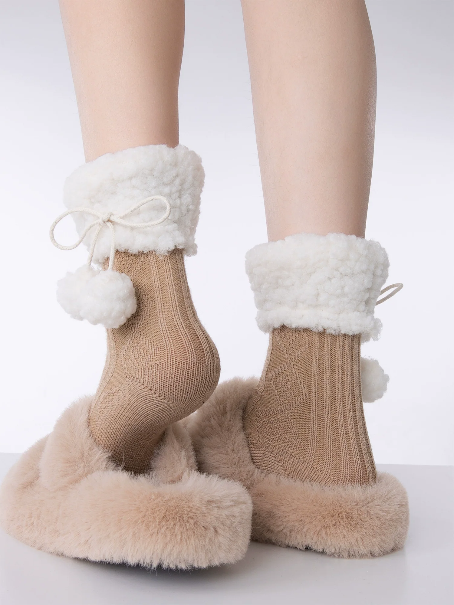 Winter Floor Knit White Beige Brown Gray Black Pompom Balls Socks - Image 10