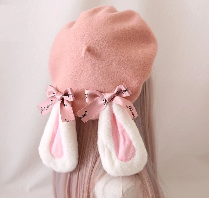 Winter Lolita Pink & Brown Lop Rabbit Ears Cute Handmade Beret Hats - Image 5
