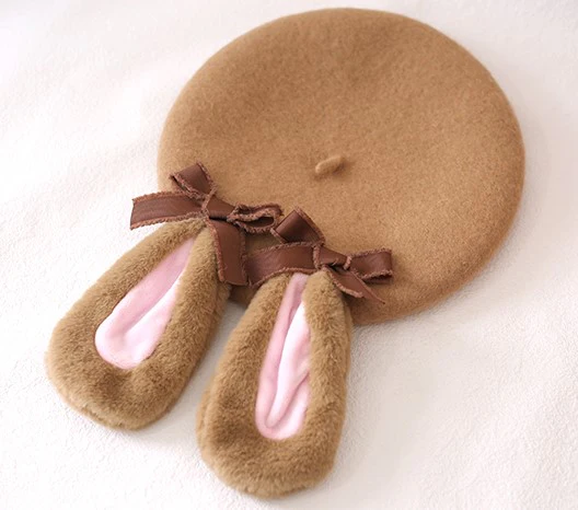 Winter Lolita Pink & Brown Lop Rabbit Ears Cute Handmade Beret Hats - Image 7