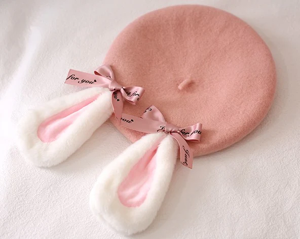 Winter Lolita Pink & Brown Lop Rabbit Ears Cute Handmade Beret Hats - Image 9