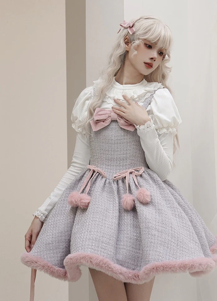 Universal Lolita Winter Blue & Pink Tweed Plush Cape Cloak Strap Dress Two Piece Set - Image 10