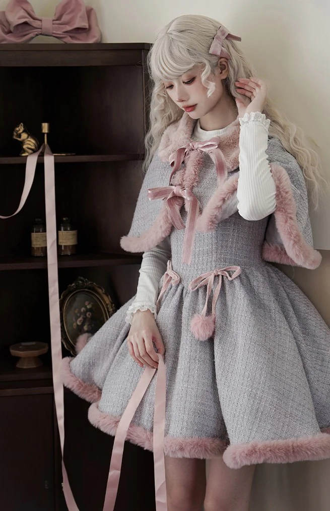 Universal Lolita Winter Blue & Pink Tweed Plush Cape Cloak Strap Dress Two Piece Set - Image 3