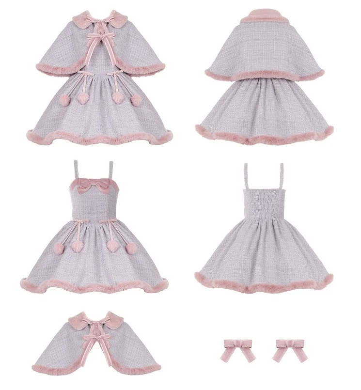 Universal Lolita Winter Blue & Pink Tweed Plush Cape Cloak Strap Dress Two Piece Set - Image 6