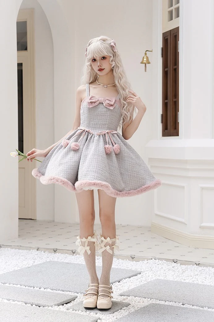 Universal Lolita Winter Blue & Pink Tweed Plush Cape Cloak Strap Dress Two Piece Set - Image 7