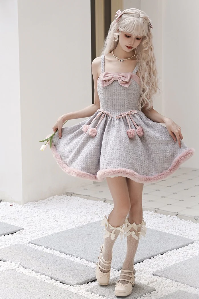 Universal Lolita Winter Blue & Pink Tweed Plush Cape Cloak Strap Dress Two Piece Set - Image 8