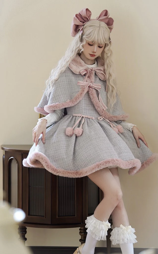 Universal Lolita Winter Blue & Pink Tweed Plush Cape Cloak Strap Dress Two Piece Set - Image 9