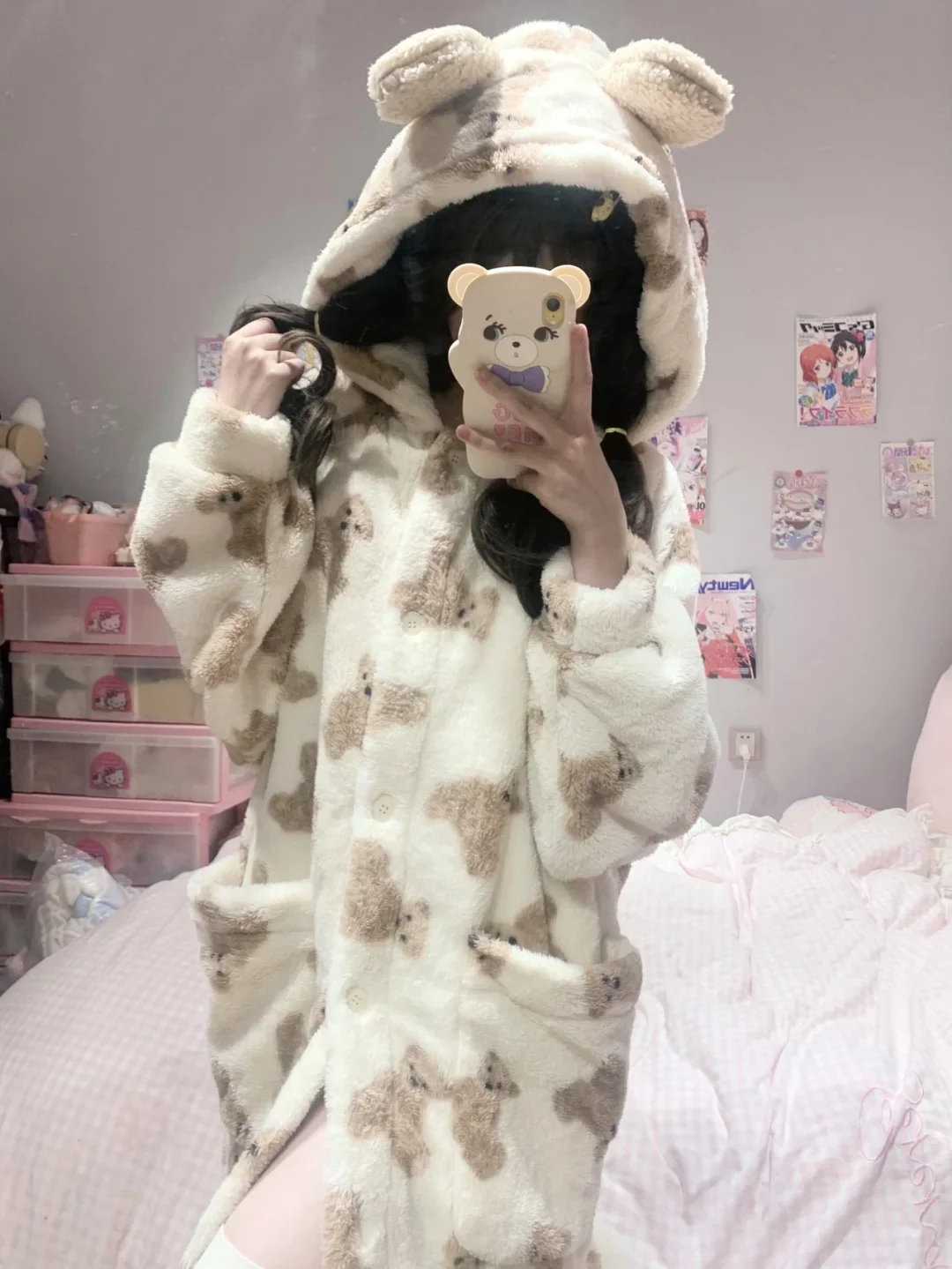Winter Teddy Bear Soft Fleece Long Hooded Bathrobe Pajama - Image 4