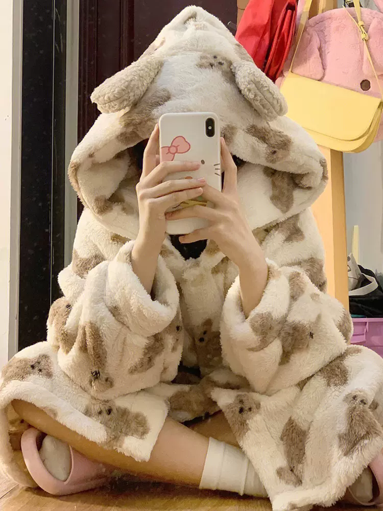 Winter Teddy Bear Soft Fleece Long Hooded Bathrobe Pajama - Image 7