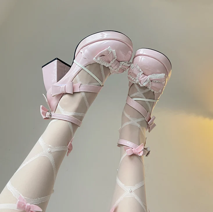 Walpurgis Night Lolita Girl Heart Knot Black White Pink Blue High Heels Shoes - Image 11