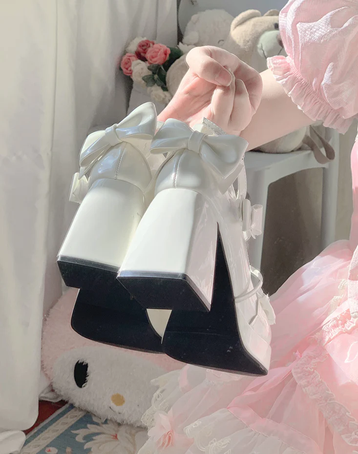 Walpurgis Night Lolita Girl Heart Knot Black White Pink Blue High Heels Shoes - Image 12