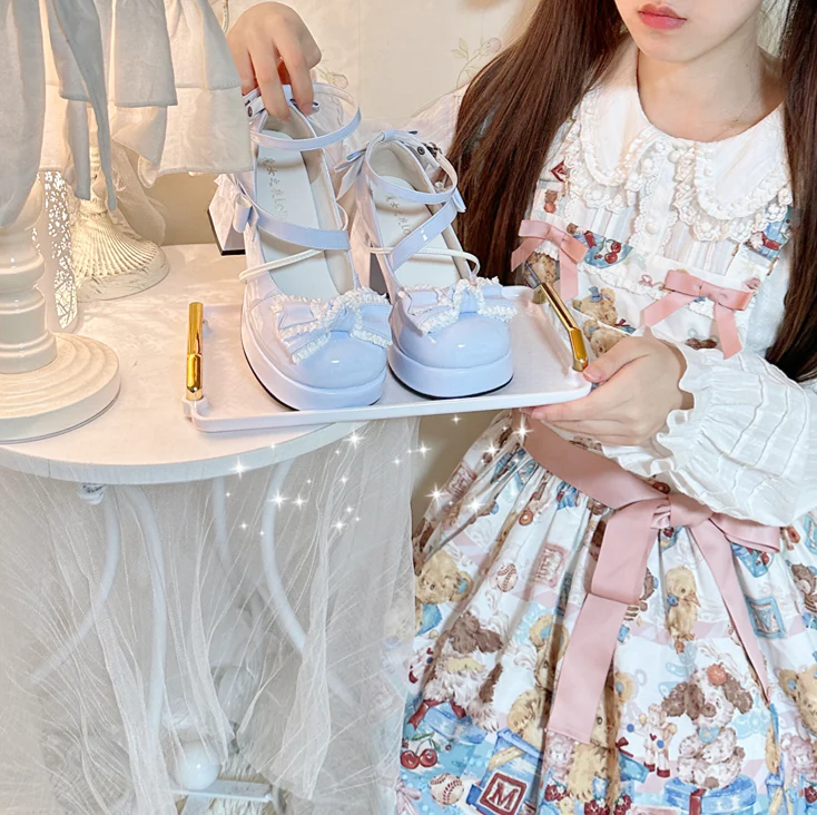 Walpurgis Night Lolita Girl Heart Knot Black White Pink Blue High Heels Shoes - Image 5