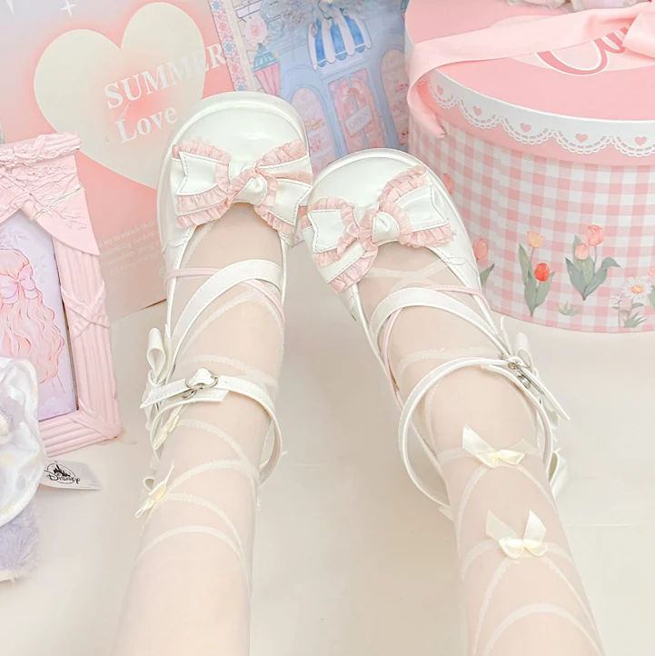 Walpurgis Night Lolita Girl Heart Knot Black White Pink Blue High Heels Shoes - Image 6