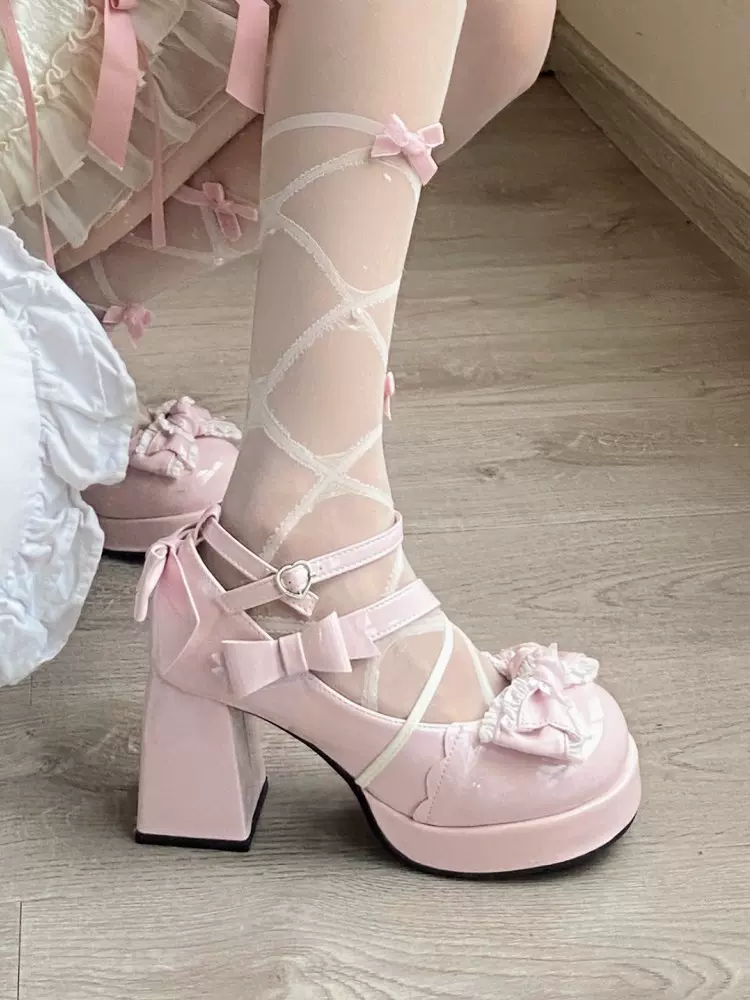 Walpurgis Night Lolita Girl Heart Knot Black White Pink Blue High Heels Shoes - Image 8