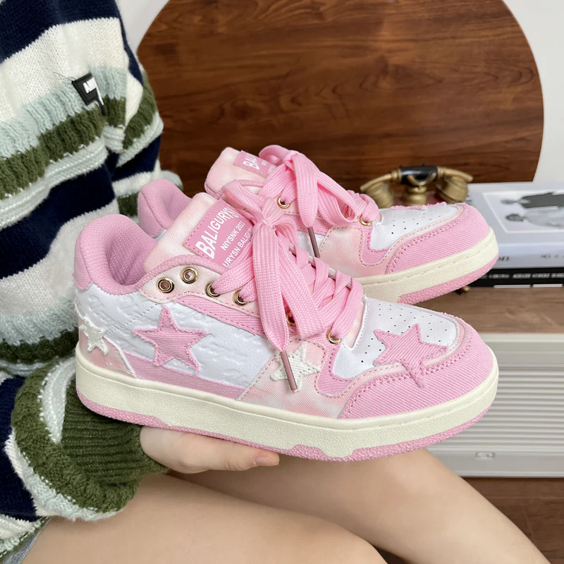 Women Sweet Cute White Pink  Star Sneakers Sports Running Shoes - Image 2