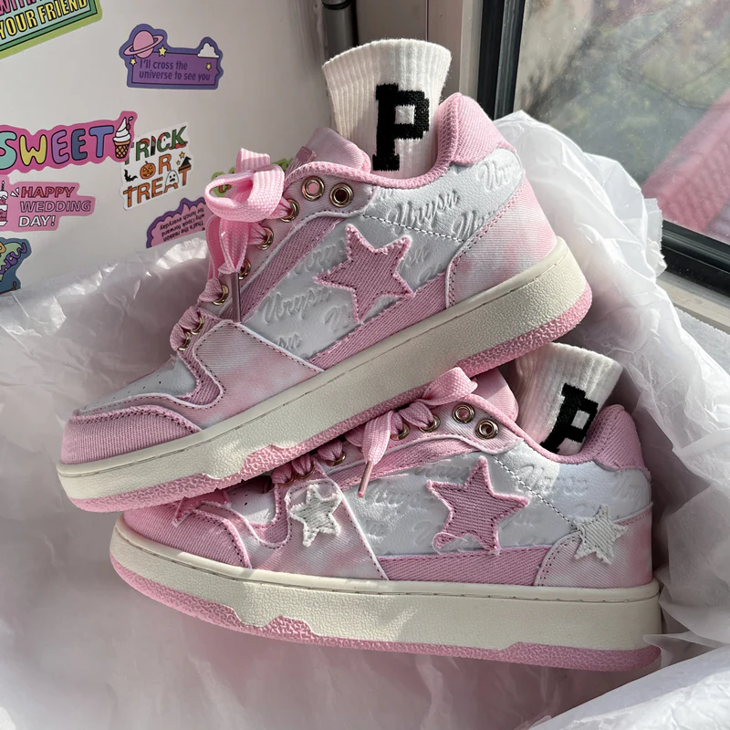 Women Sweet Cute White Pink  Star Sneakers Sports Running Shoes - Image 3